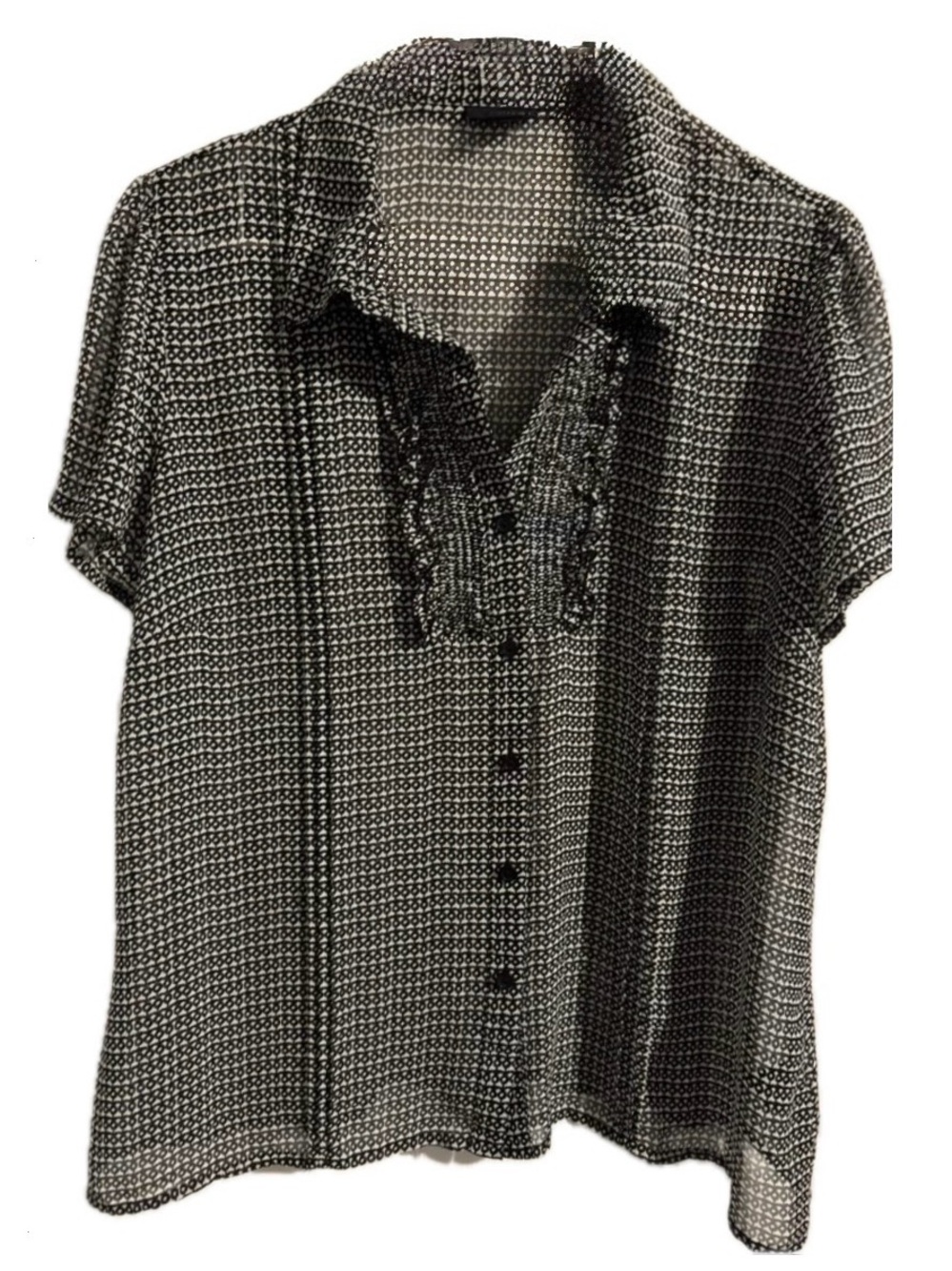 East 5th Ruffled Accent Patterned Blouse sz XL Geometric Black White Sheer